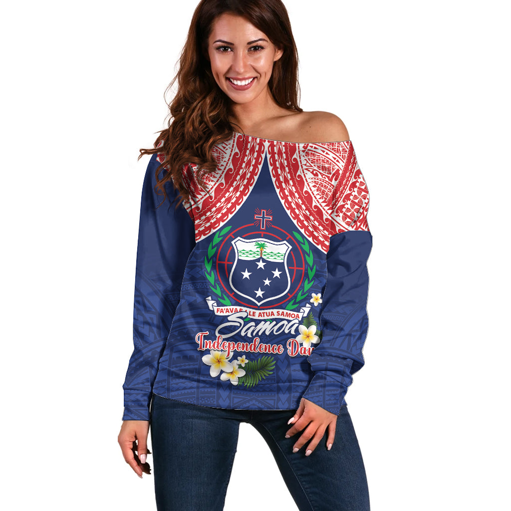 Samoan Independence Day Off Shoulder Sweater Manuia Le Tutoatasi O Samoa LT14 Women Blue - Polynesian Pride