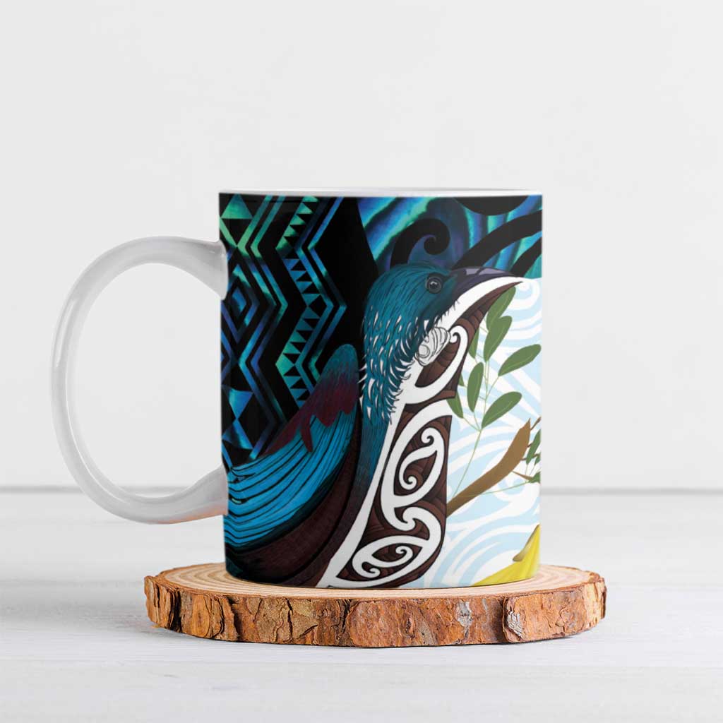 New Zealand Silver Fern Tui Bird Ceramic Mug Maori Kowhai Paua Shell Taniko Motifs LT14 Turquoise - Polynesian Pride