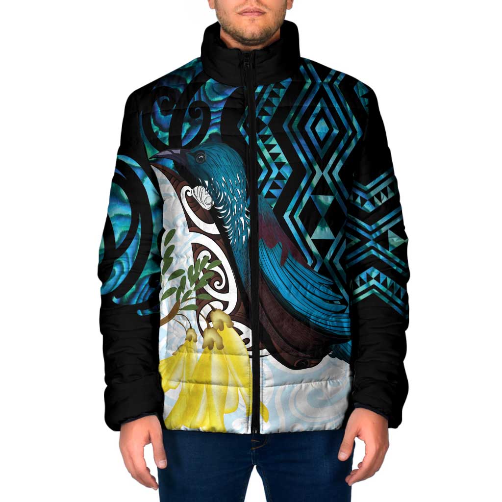 New Zealand Silver Fern Tui Bird Padded Jacket Maori Kowhai Paua Shell Taniko Motifs LT14 Men Turquoise - Polynesian Pride