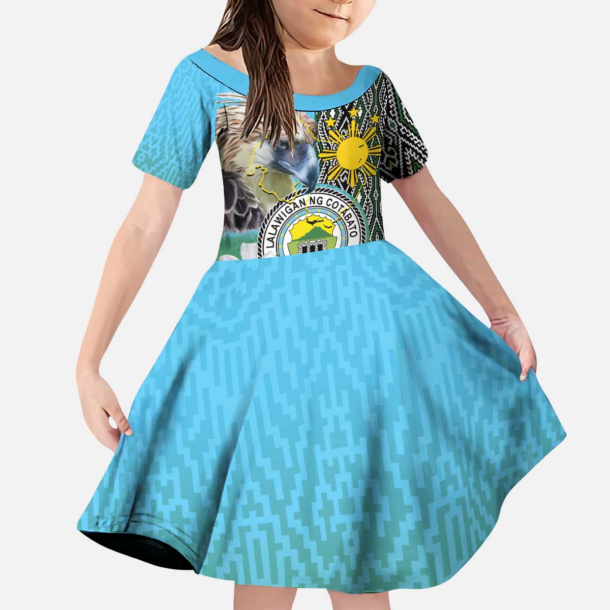 Cotabato Philippines Province Kid Short Sleeve Dress Filipino Eagle Sampaguita Tinalak Pattern LT14 KID Blue - Polynesian Pride