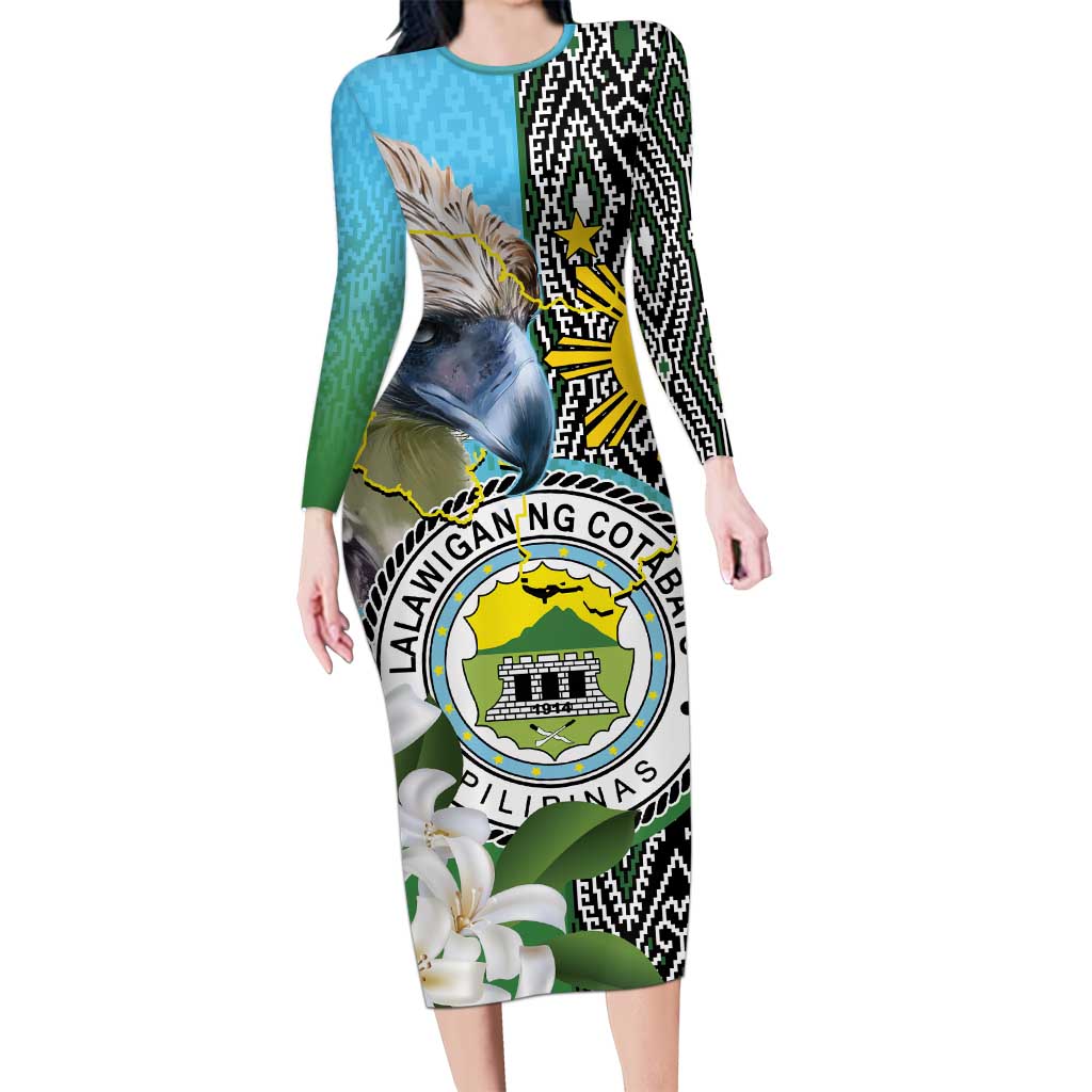Cotabato Philippines Province Long Sleeve Bodycon Dress Filipino Eagle Sampaguita Tinalak Pattern LT14 Long Dress Blue - Polynesian Pride