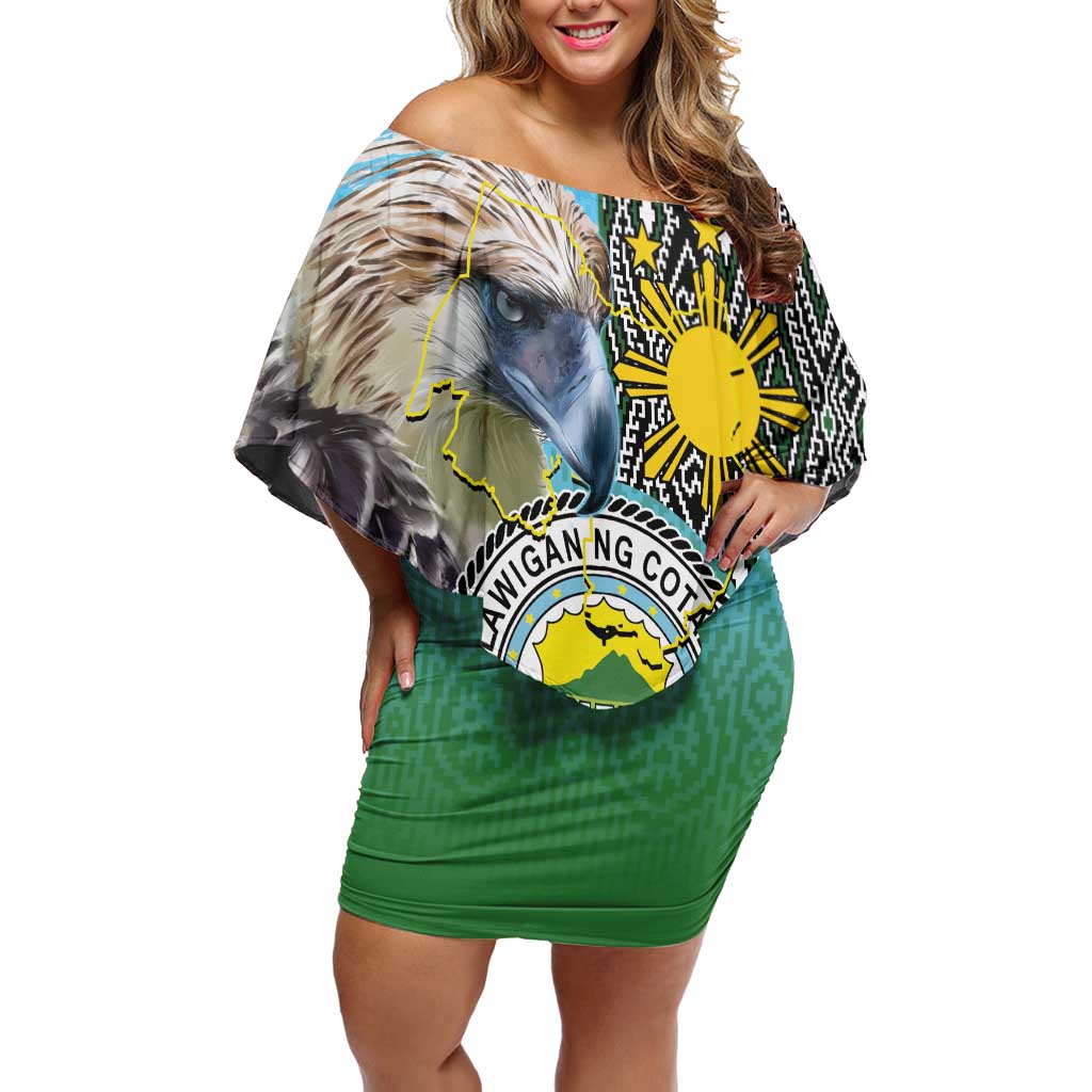 Cotabato Philippines Province Off Shoulder Short Dress Filipino Eagle Sampaguita Tinalak Pattern LT14 Women Blue - Polynesian Pride