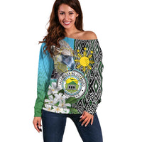 Cotabato Philippines Province Off Shoulder Sweater Filipino Eagle Sampaguita Tinalak Pattern LT14 Women Blue - Polynesian Pride
