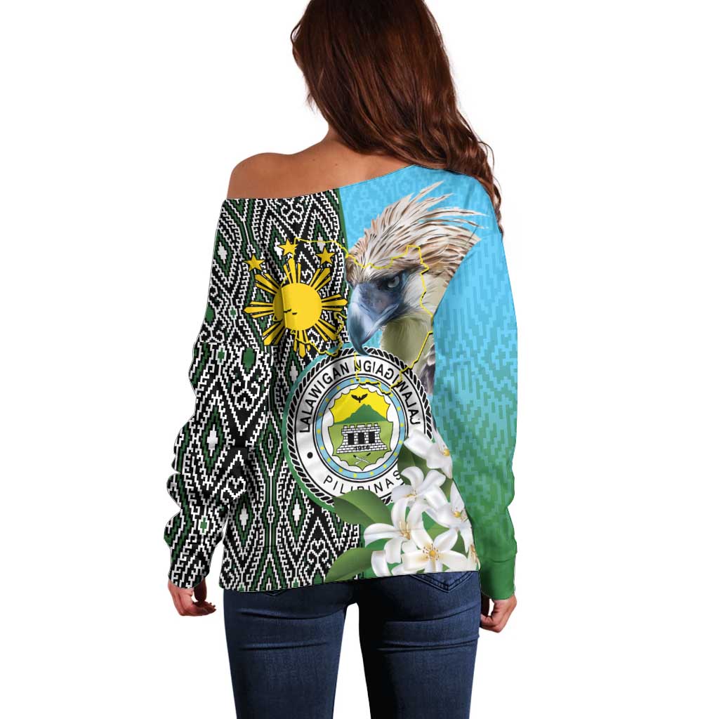 Cotabato Philippines Province Off Shoulder Sweater Filipino Eagle Sampaguita Tinalak Pattern LT14 - Polynesian Pride