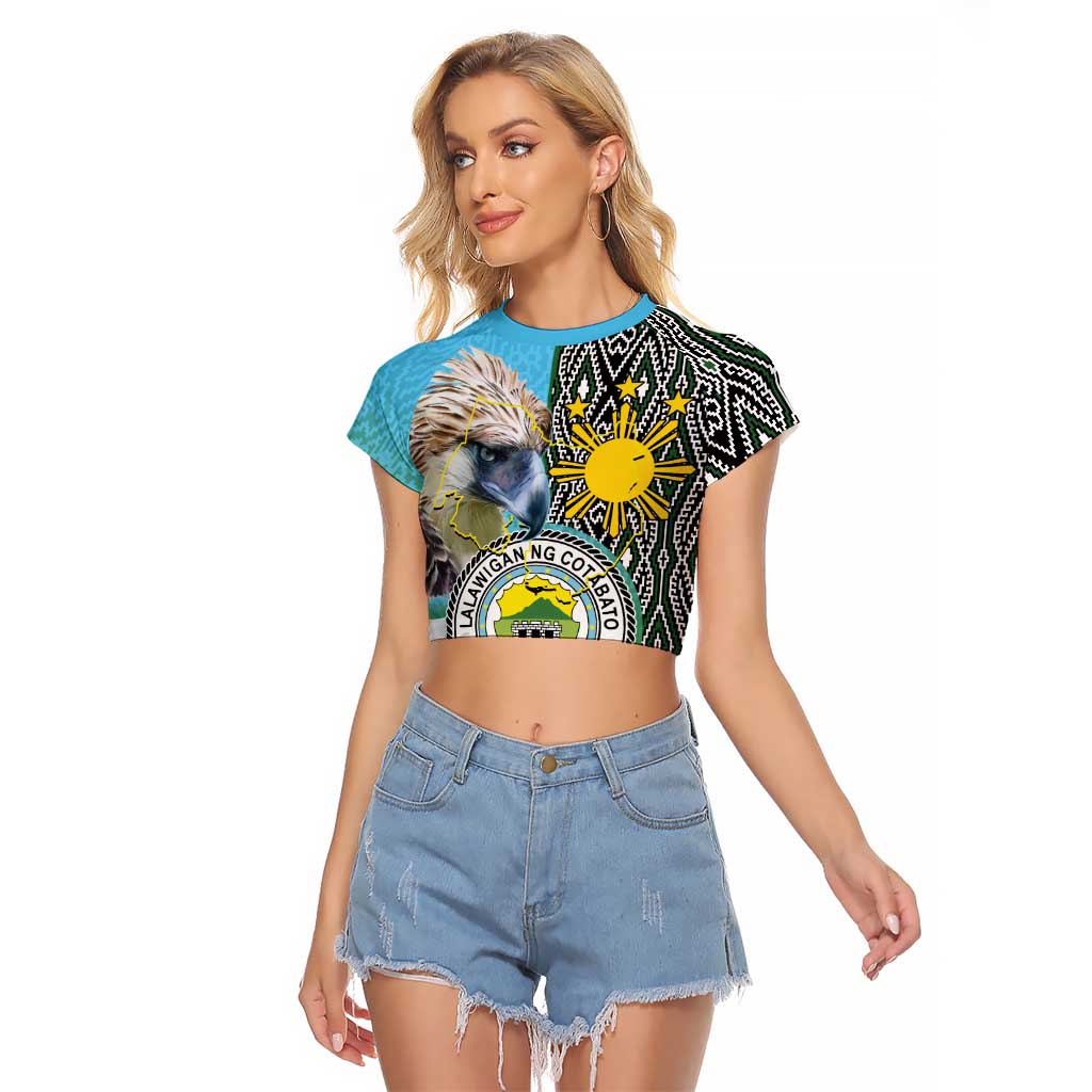Cotabato Philippines Province Raglan Cropped T Shirt Filipino Eagle Sampaguita Tinalak Pattern LT14 Female Blue - Polynesian Pride