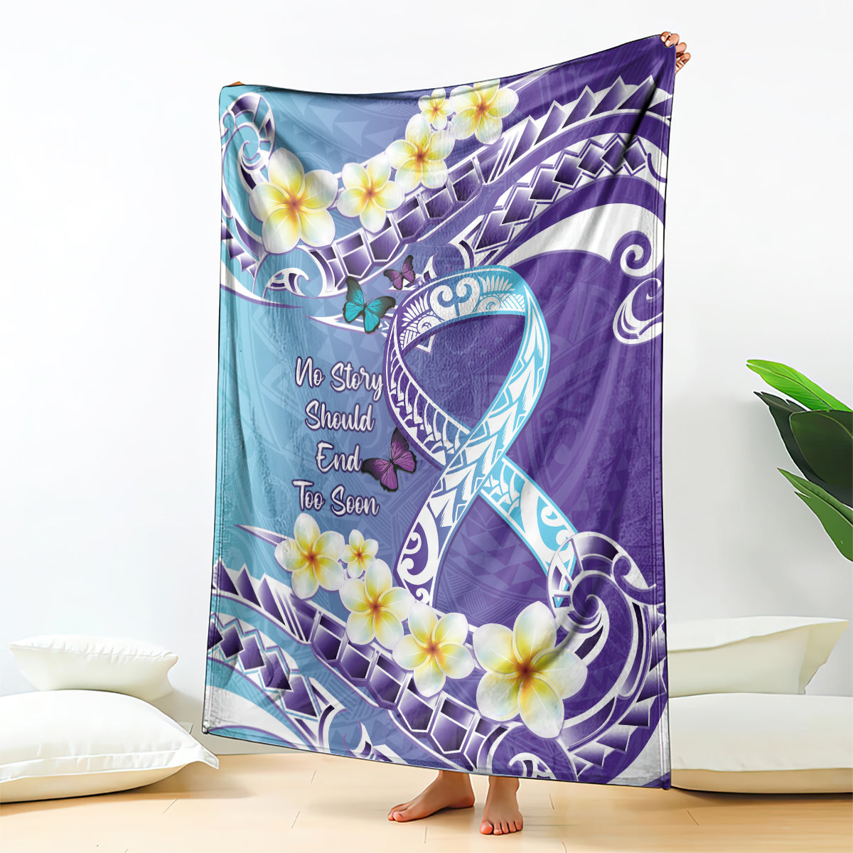 No Story Should End Too Soon Suicide Awareness Blanket Purple And Teal Polynesian Ribbon LT14 - Polynesian Pride