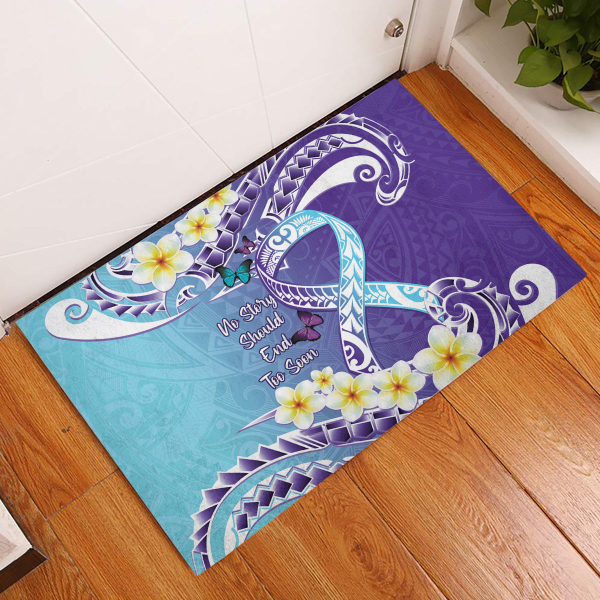 No Story Should End Too Soon Suicide Awareness Rubber Doormat Purple And Teal Polynesian Ribbon LT14 Purple - Polynesian Pride