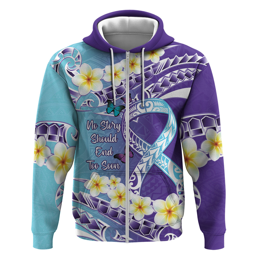 No Story Should End Too Soon Suicide Awareness Zip Hoodie Purple And Teal Polynesian Ribbon LT14 Zip Hoodie Purple - Polynesian Pride