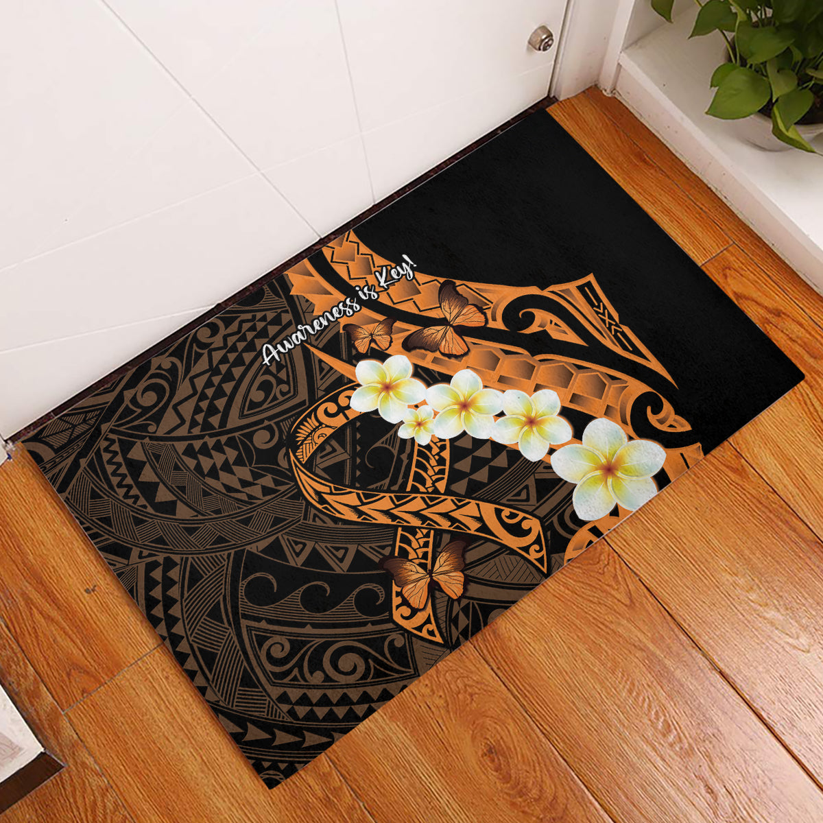 Liver Cancer Awareness Month Rubber Doormat Awareness Is Key Orange Polynesian Ribbon LT14 Orange - Polynesian Pride