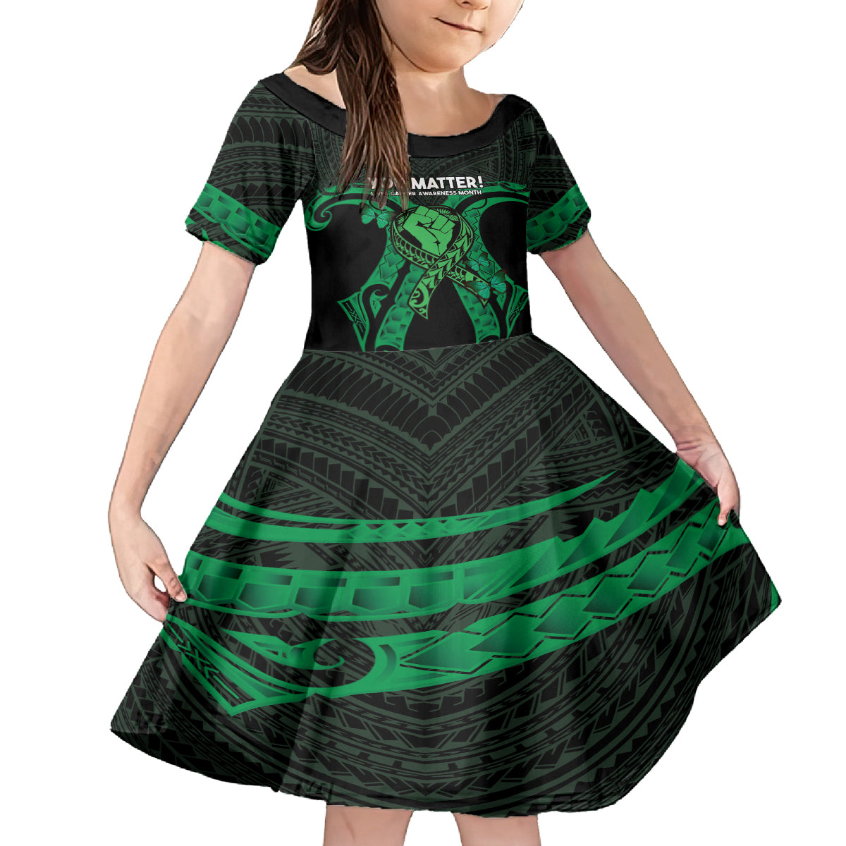 ADHD Awareness Month You Matter Kid Short Sleeve Dress Green Polynesian Ribbon LT14 KID Green - Polynesian Pride