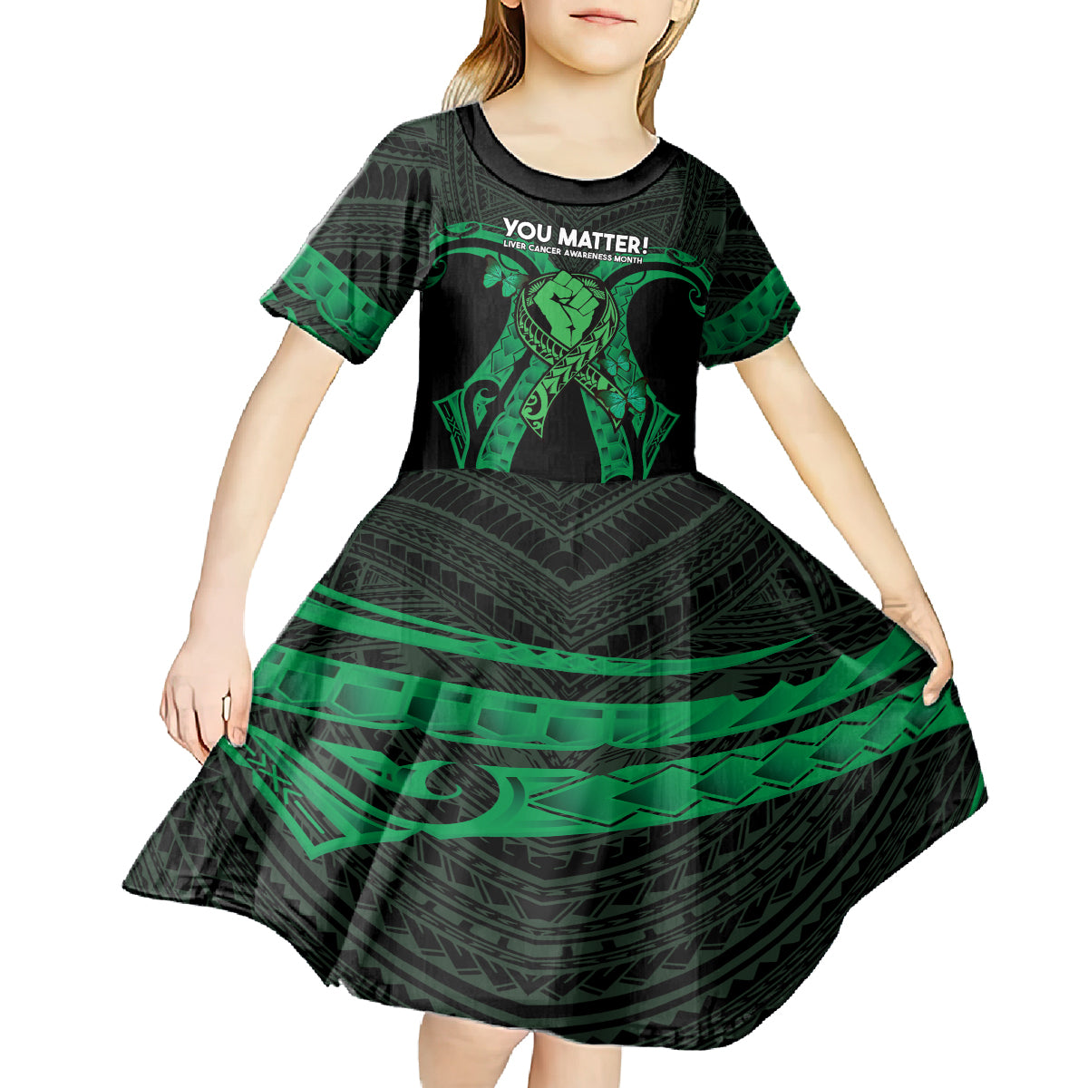 ADHD Awareness Month You Matter Kid Short Sleeve Dress Green Polynesian Ribbon LT14 - Polynesian Pride