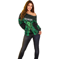 ADHD Awareness Month You Matter Off Shoulder Sweater Green Polynesian Ribbon LT14 - Polynesian Pride