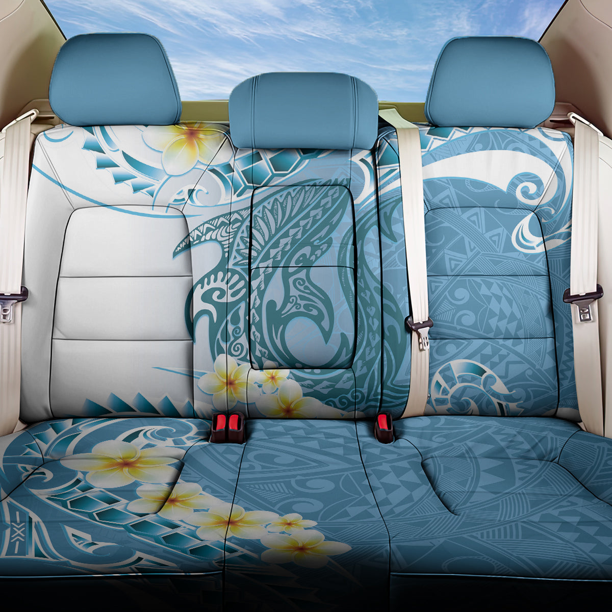 Blue Hawaii Shark Tattoo Back Car Seat Cover Frangipani With Polynesian Pastel Version LT14 One Size Blue - Polynesian Pride