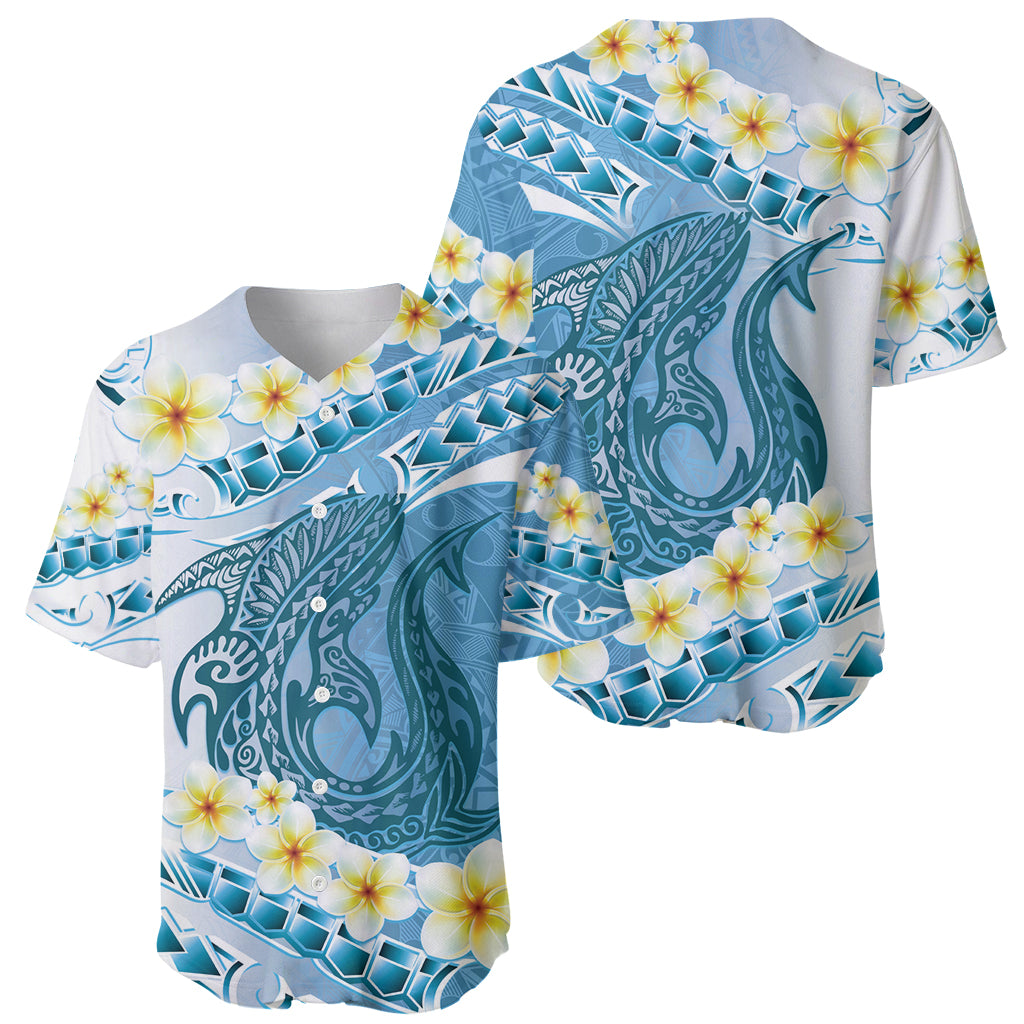 Blue Hawaii Shark Tattoo Baseball Jersey Frangipani With Polynesian Pastel Version LT14 - Polynesian Pride