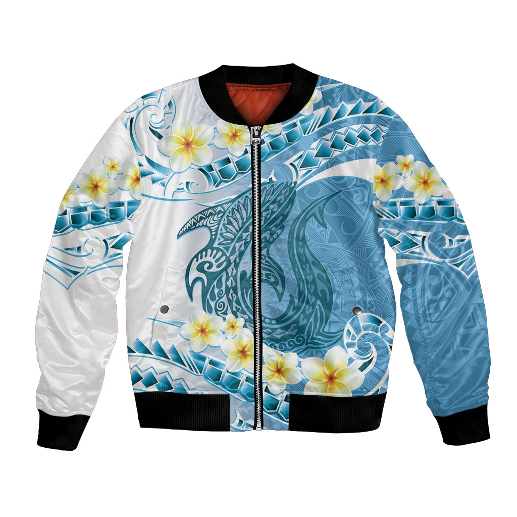 Blue Hawaii Shark Tattoo Bomber Jacket Frangipani With Polynesian Pastel Version LT14 Unisex Blue - Polynesian Pride