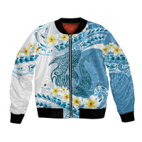 Blue Hawaii Shark Tattoo Bomber Jacket Frangipani With Polynesian Pastel Version LT14 Unisex Blue - Polynesian Pride