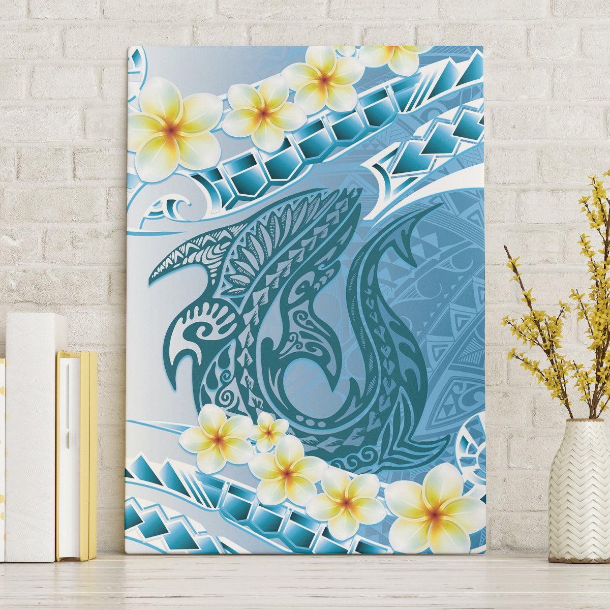 Blue Hawaii Shark Tattoo Canvas Wall Art Frangipani With Polynesian Pastel Version LT14 Without Frame Blue - Polynesian Pride