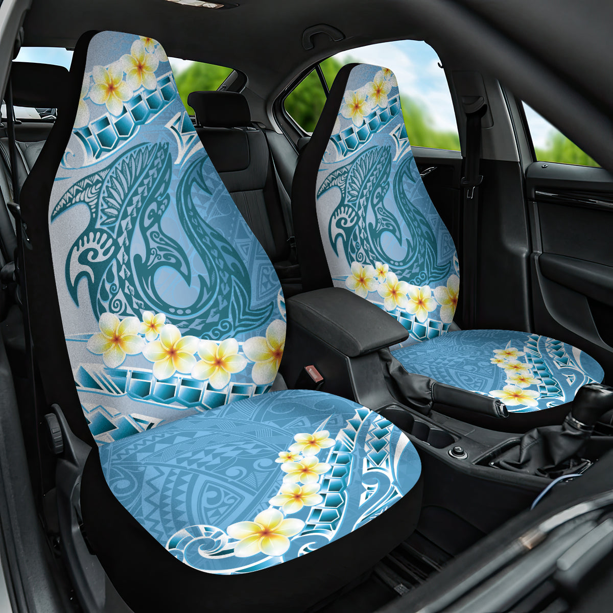 Blue Hawaii Shark Tattoo Car Seat Cover Frangipani With Polynesian Pastel Version LT14 One Size Blue - Polynesian Pride