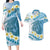 Blue Hawaii Shark Tattoo Couples Matching Long Sleeve Bodycon Dress and Hawaiian Shirt Frangipani With Polynesian Pastel Version