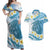 Blue Hawaii Shark Tattoo Couples Matching Off Shoulder Maxi Dress and Hawaiian Shirt Frangipani With Polynesian Pastel Version