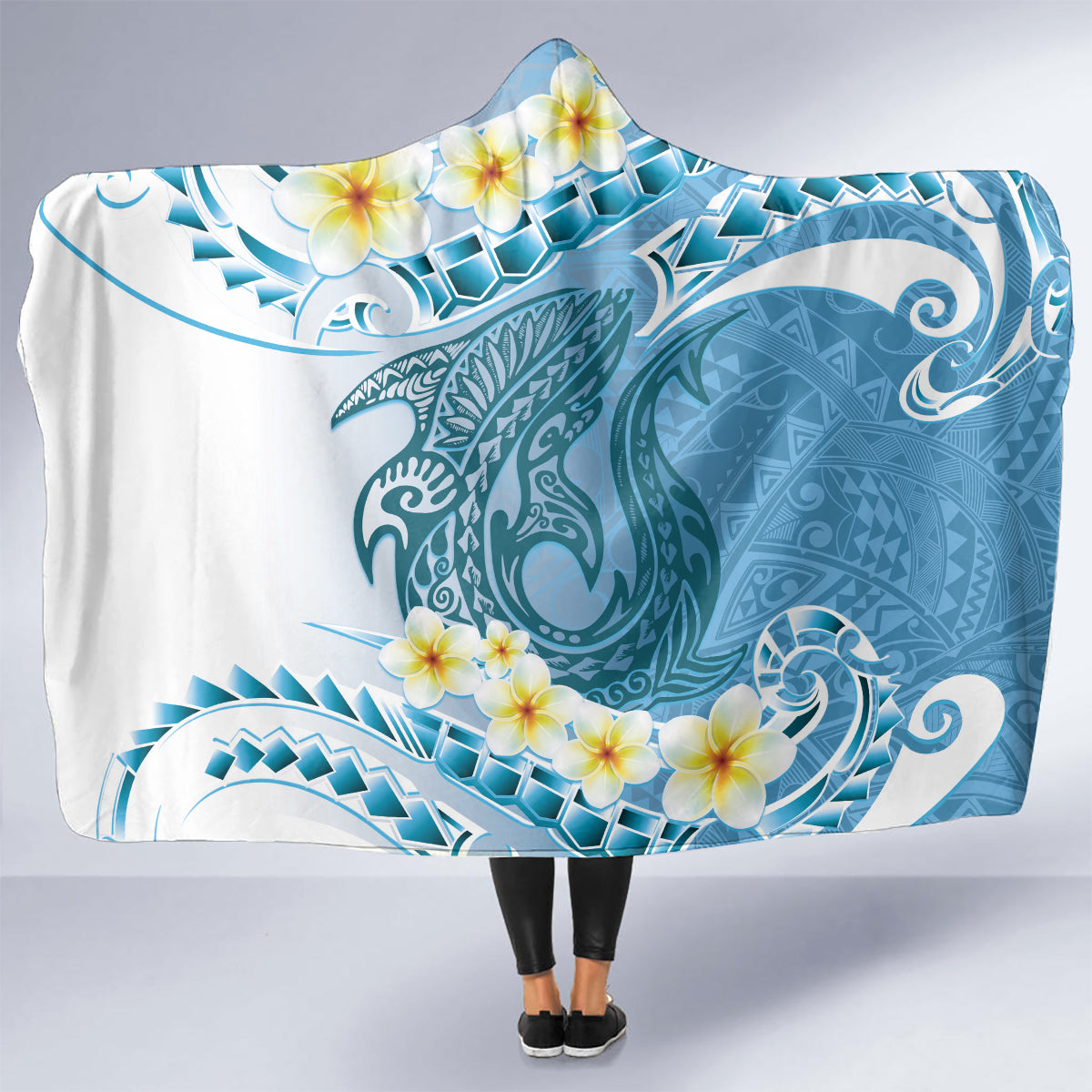 Blue Hawaii Shark Tattoo Hooded Blanket Frangipani With Polynesian Pastel Version LT14 - Polynesian Pride