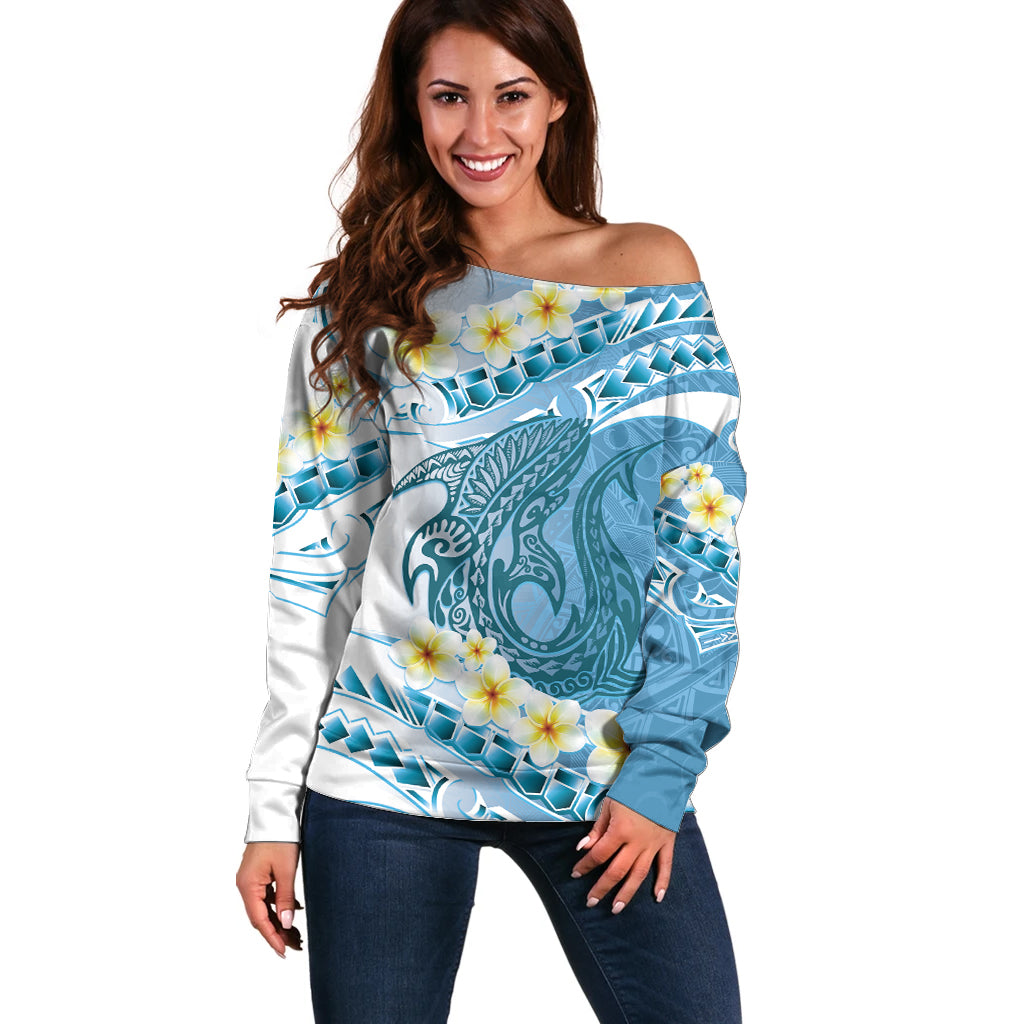 Blue Hawaii Shark Tattoo Off Shoulder Sweater Frangipani With Polynesian Pastel Version LT14 Women Blue - Polynesian Pride