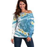 Blue Hawaii Shark Tattoo Off Shoulder Sweater Frangipani With Polynesian Pastel Version LT14 Women Blue - Polynesian Pride