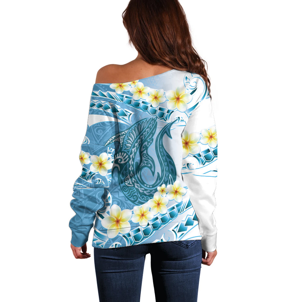 Blue Hawaii Shark Tattoo Off Shoulder Sweater Frangipani With Polynesian Pastel Version LT14 - Polynesian Pride