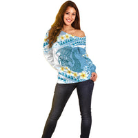 Blue Hawaii Shark Tattoo Off Shoulder Sweater Frangipani With Polynesian Pastel Version LT14 - Polynesian Pride