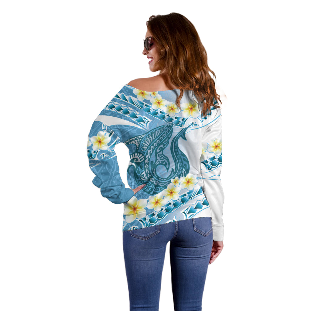 Blue Hawaii Shark Tattoo Off Shoulder Sweater Frangipani With Polynesian Pastel Version LT14 - Polynesian Pride