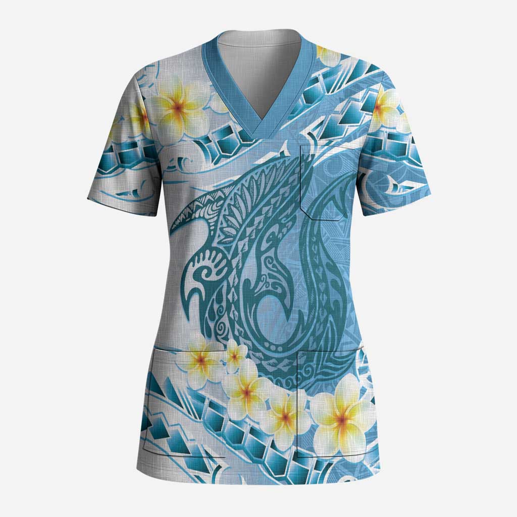 Blue Hawaii Shark Tattoo Scrub Top Frangipani With Polynesian Pastel Version LT14 Adult Blue - Polynesian Pride