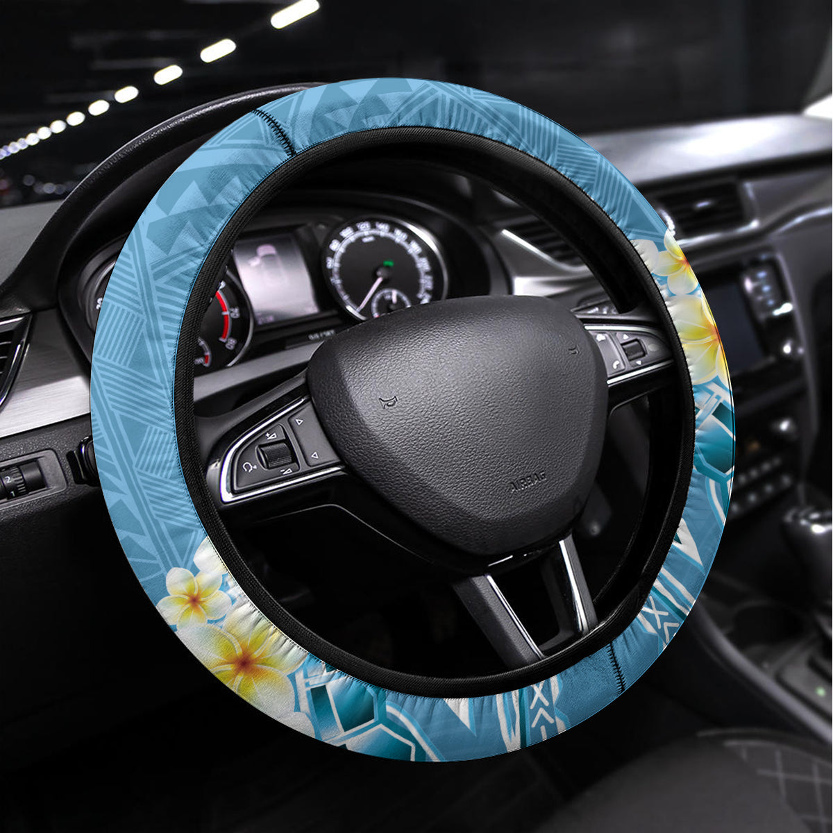 Blue Hawaii Shark Tattoo Steering Wheel Cover Frangipani With Polynesian Pastel Version LT14 Universal Fit Blue - Polynesian Pride