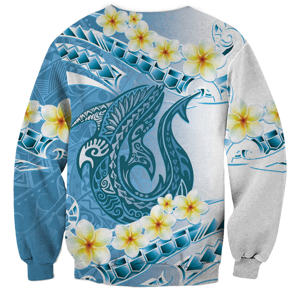 Blue Hawaii Shark Tattoo Sweatshirt Frangipani With Polynesian Pastel Version LT14 - Polynesian Pride