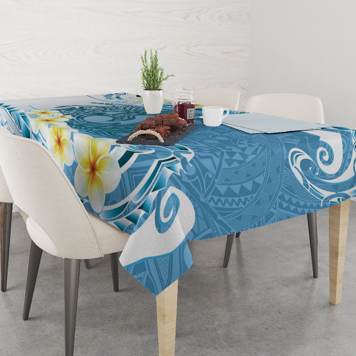 Blue Hawaii Shark Tattoo Tablecloth Frangipani With Polynesian Pastel Version LT14 - Polynesian Pride