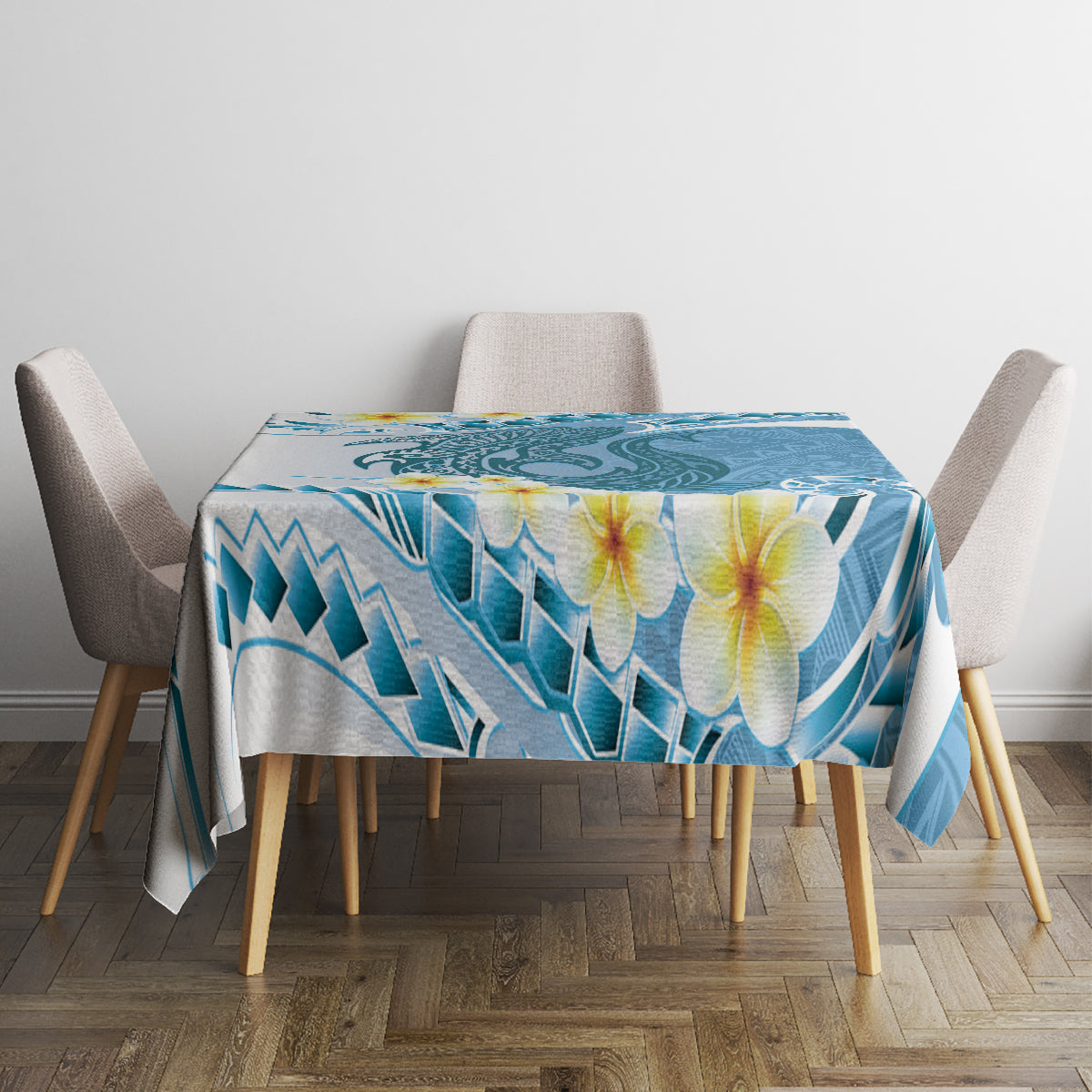 Blue Hawaii Shark Tattoo Tablecloth Frangipani With Polynesian Pastel Version LT14 - Polynesian Pride