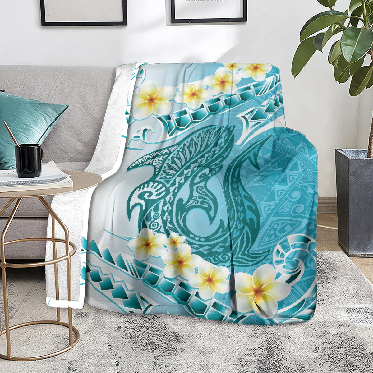 Turquoise Hawaii Shark Tattoo Blanket Frangipani With Polynesian Pastel Version LT14 - Polynesian Pride