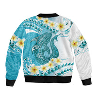 Turquoise Hawaii Shark Tattoo Bomber Jacket Frangipani With Polynesian Pastel Version LT14 - Polynesian Pride