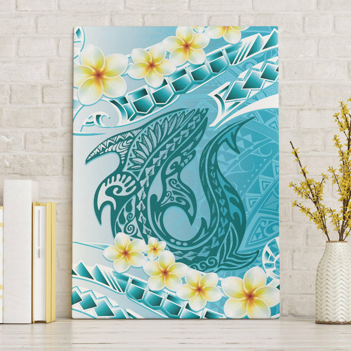 Turquoise Hawaii Shark Tattoo Canvas Wall Art Frangipani With Polynesian Pastel Version LT14 Without Frame Turquoise - Polynesian Pride