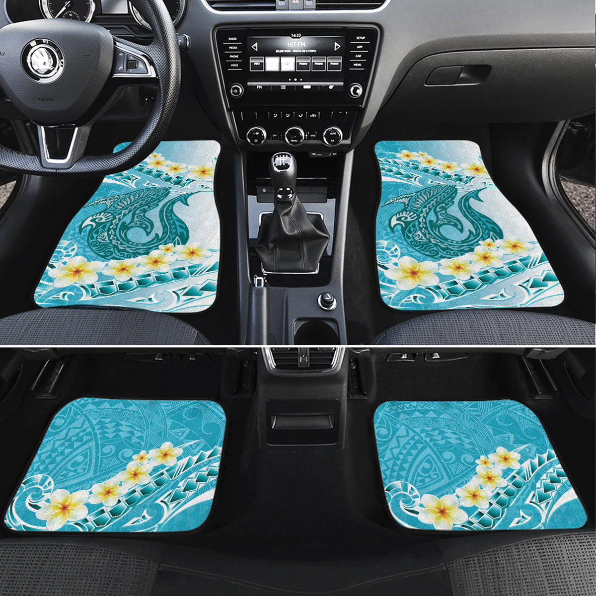 Turquoise Hawaii Shark Tattoo Car Mats Frangipani With Polynesian Pastel Version LT14 Set 4pcs Turquoise - Polynesian Pride