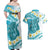 Turquoise Hawaii Shark Tattoo Couples Matching Off Shoulder Maxi Dress and Hawaiian Shirt Frangipani With Polynesian Pastel Version