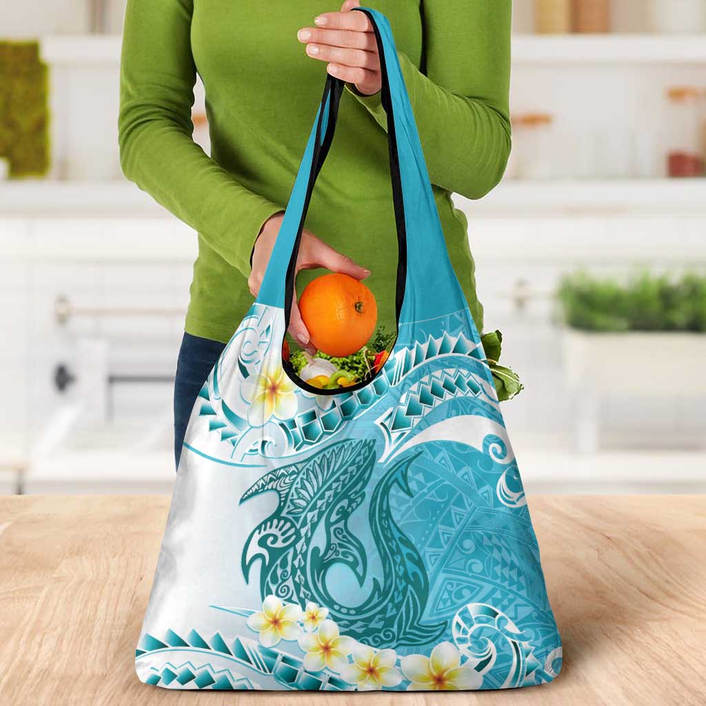 Turquoise Hawaii Shark Tattoo Grocery Bag Frangipani With Polynesian Pastel Version LT14 - Polynesian Pride