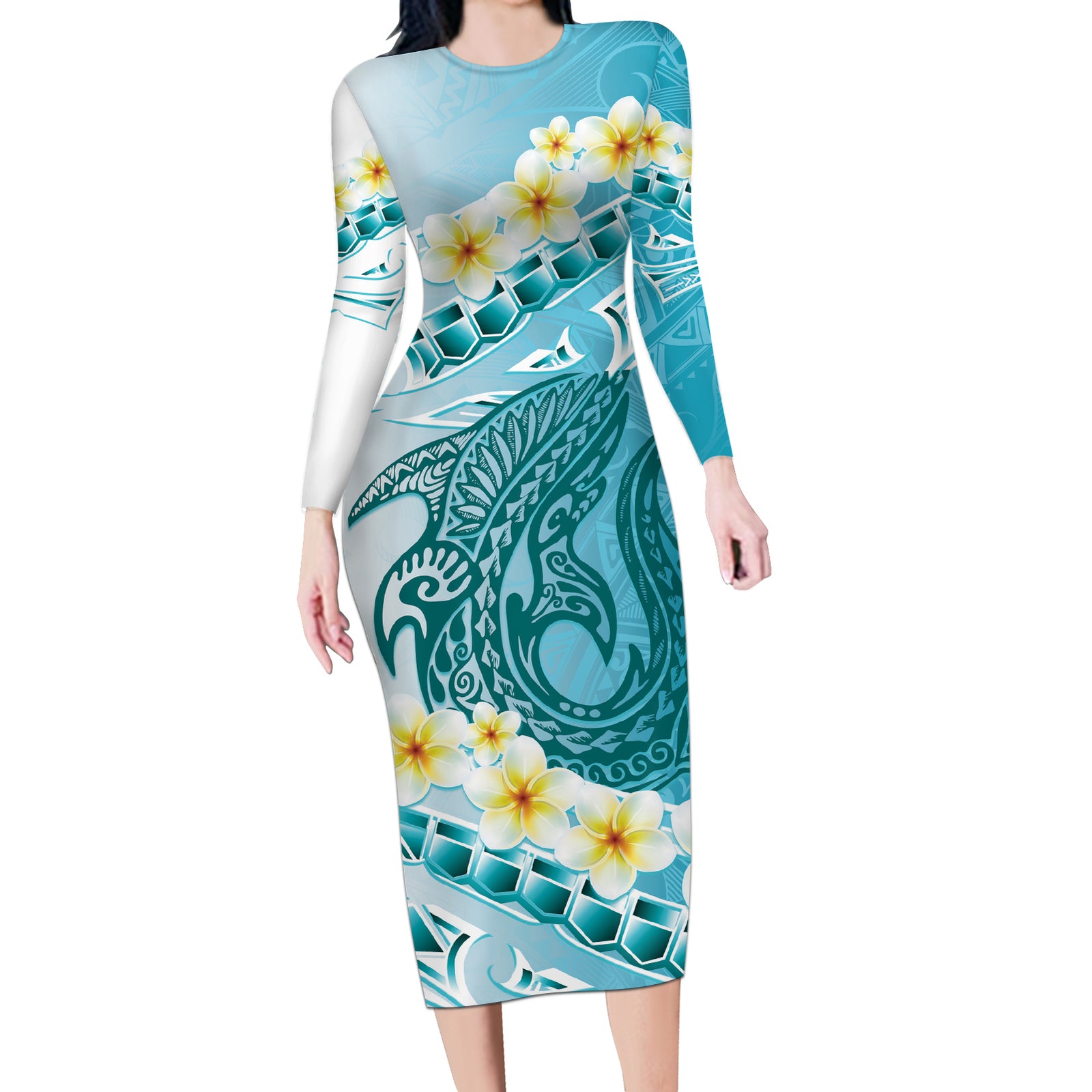 Turquoise Hawaii Shark Tattoo Long Sleeve Bodycon Dress Frangipani With Polynesian Pastel Version LT14 Long Dress Turquoise - Polynesian Pride
