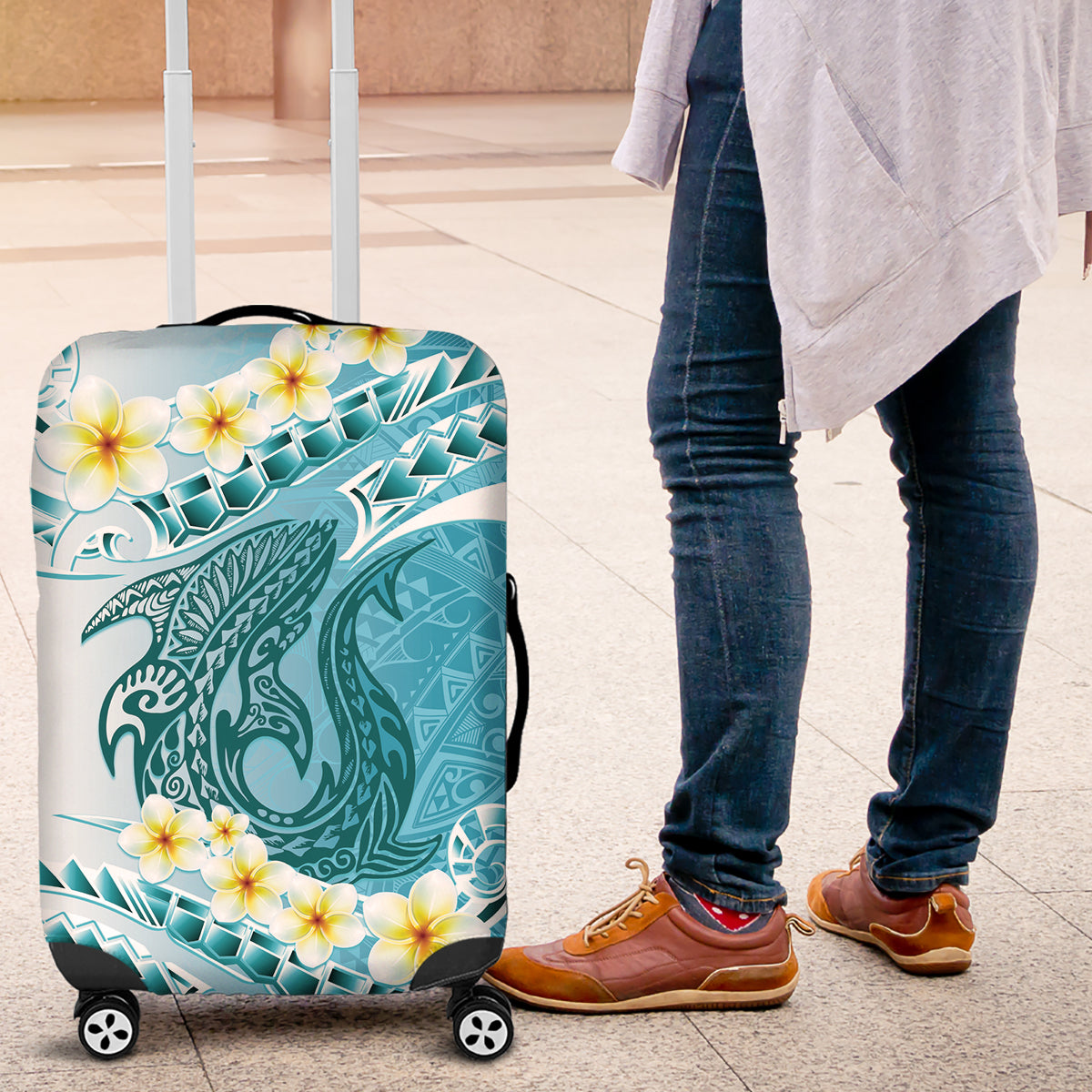 Turquoise Hawaii Shark Tattoo Luggage Cover Frangipani With Polynesian Pastel Version LT14 Turquoise - Polynesian Pride