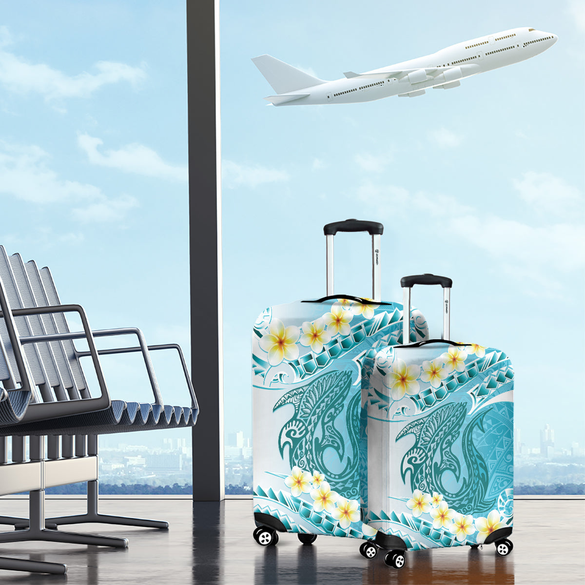 Turquoise Hawaii Shark Tattoo Luggage Cover Frangipani With Polynesian Pastel Version LT14 - Polynesian Pride