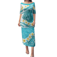 Turquoise Hawaii Shark Tattoo Puletasi Frangipani With Polynesian Pastel Version LT14 Long Dress Turquoise - Polynesian Pride