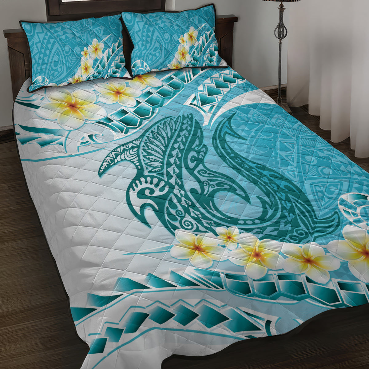 Turquoise Hawaii Shark Tattoo Quilt Bed Set Frangipani With Polynesian Pastel Version LT14 Turquoise - Polynesian Pride