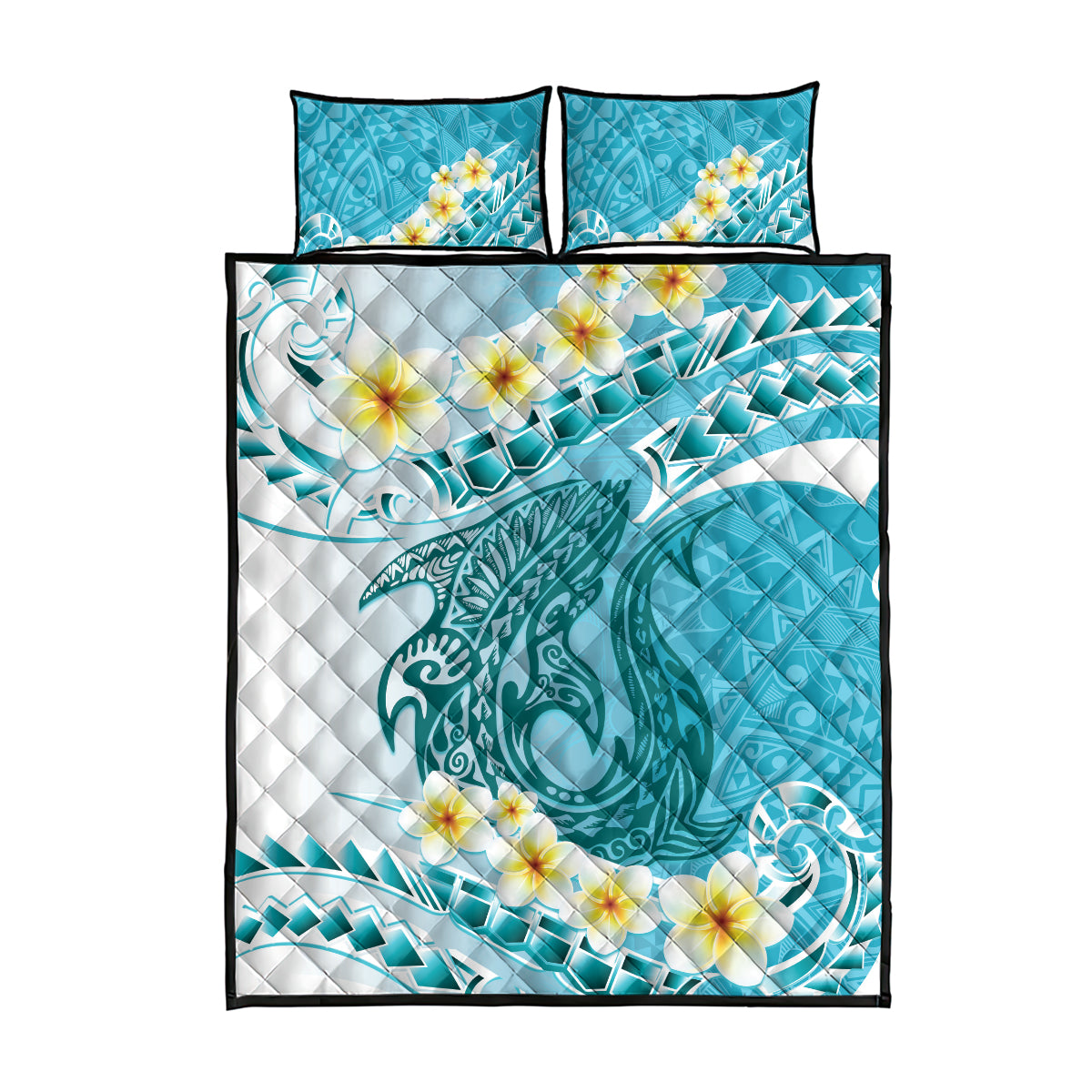 Turquoise Hawaii Shark Tattoo Quilt Bed Set Frangipani With Polynesian Pastel Version LT14 - Polynesian Pride