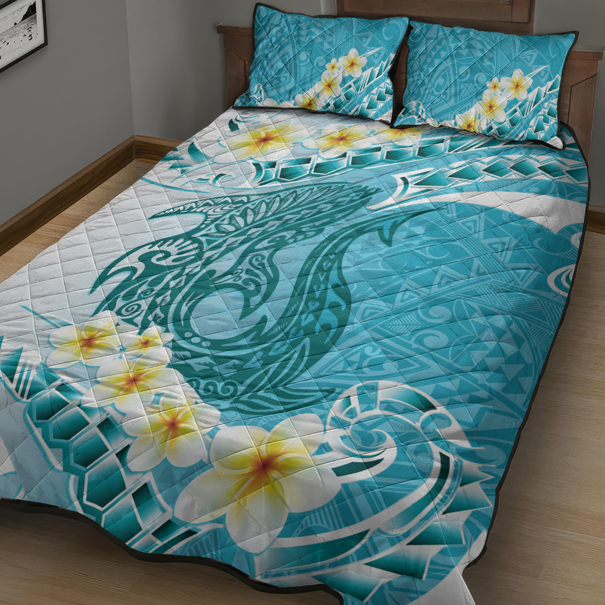 Turquoise Hawaii Shark Tattoo Quilt Bed Set Frangipani With Polynesian Pastel Version LT14 - Polynesian Pride