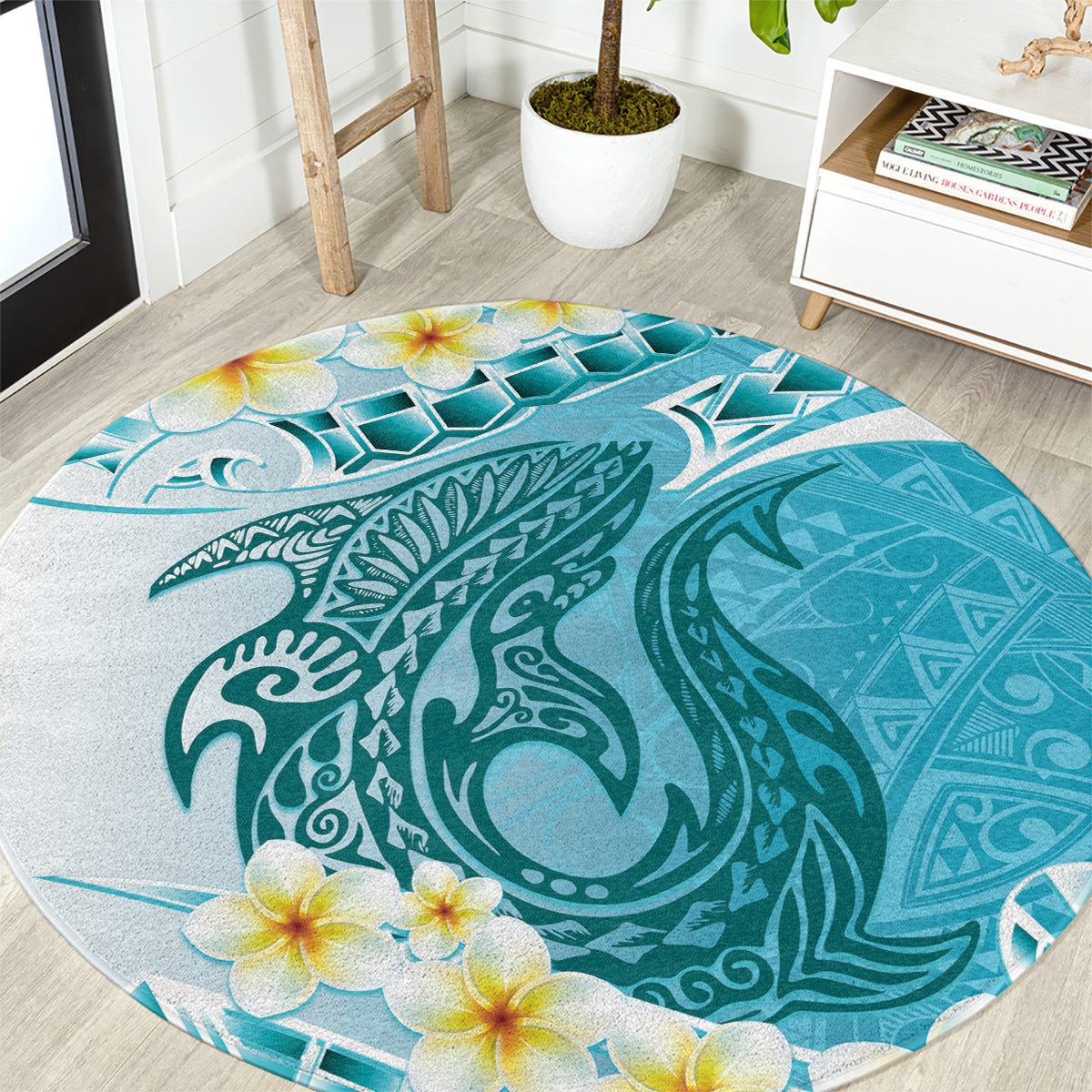 Turquoise Hawaii Shark Tattoo Round Carpet Frangipani With Polynesian Pastel Version LT14 Turquoise - Polynesian Pride