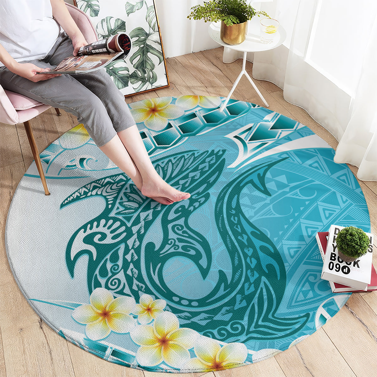 Turquoise Hawaii Shark Tattoo Round Carpet Frangipani With Polynesian Pastel Version LT14 - Polynesian Pride